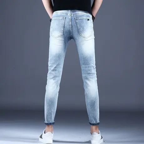 2023秋冬男士牛仔裤子简约蓝灰色修身素板九分小脚裤棉弹舒适潮牌商品大图