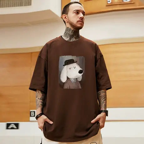咖啡色美式潮牌ins狗头t恤男短袖复古宽松加大码oversize高街半袖图片