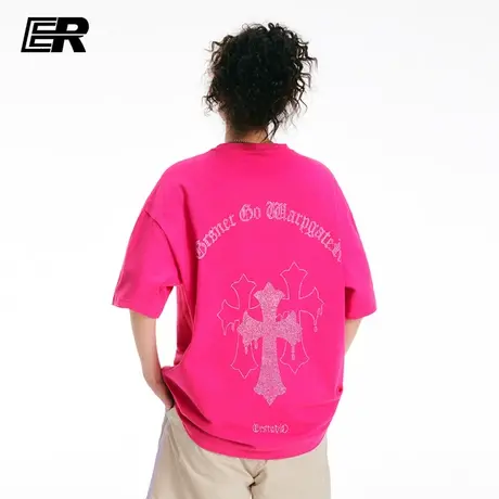 ER烫钻十字架短袖T恤男2023夏季新款美式高街潮牌图片