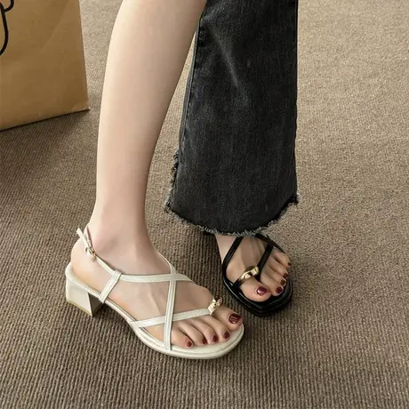 法式仙女风凉鞋女款夏季2024年新款粗跟小众夹趾复古配裙子高跟鞋商品大图