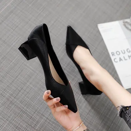 尖头单鞋女春2023新款浅口高跟鞋粗跟学生时尚百搭黑色职业工作鞋商品大图