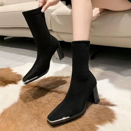 网红同款方头粗跟瘦瘦靴女时尚气质裸靴性感绒面法式弹力高跟短靴图片