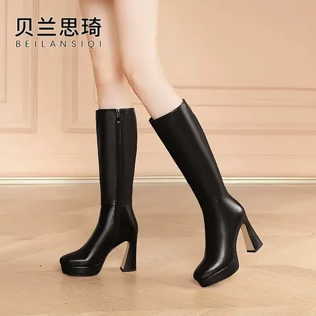 真皮圆头防水台高跟长筒靴女2021冬季新款加绒粗跟不过膝高筒靴图片