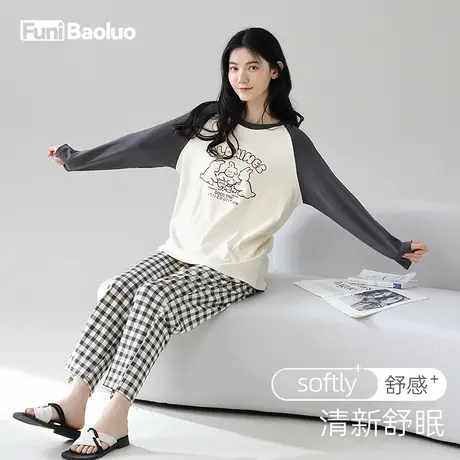 睡衣女全棉女士家居服套装秋冬款纯棉长袖韩版青年学生宽松印花潮商品大图