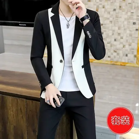 西装套装男潮流韩版帅气休闲礼服秋季男士时尚拼色个性小西服外套图片