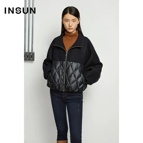 INSUN恩裳奥莱冬季蝙蝠袖拼接白鹅绒短款羽绒服图片