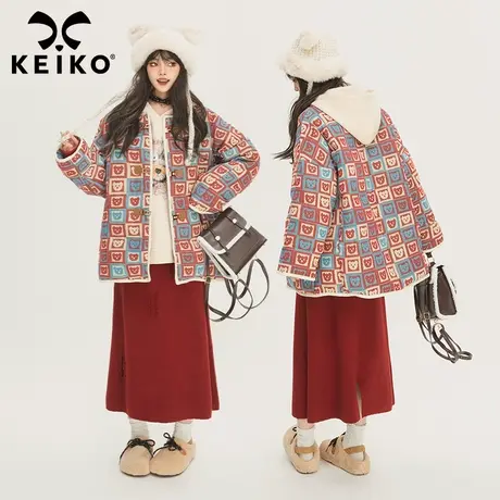 KEIKO 日系复古格子棉服外套女冬季新款高级感提花小熊花棉袄子厚图片