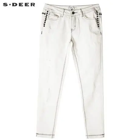 sdeer圣迪奥轻柔微弹铆钉装饰磨破修身长裤S17280818商品大图