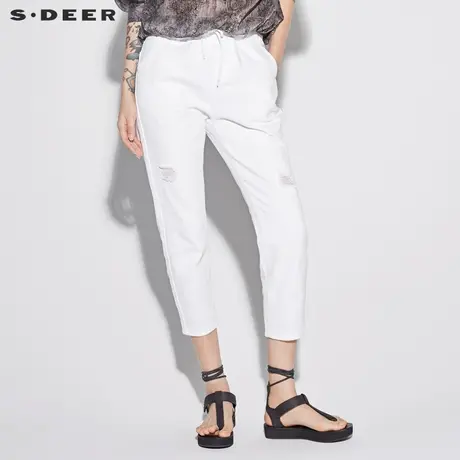 sdeer圣迪奥2019新款时尚破洞松紧抽绳休闲长裤S18280849商品大图