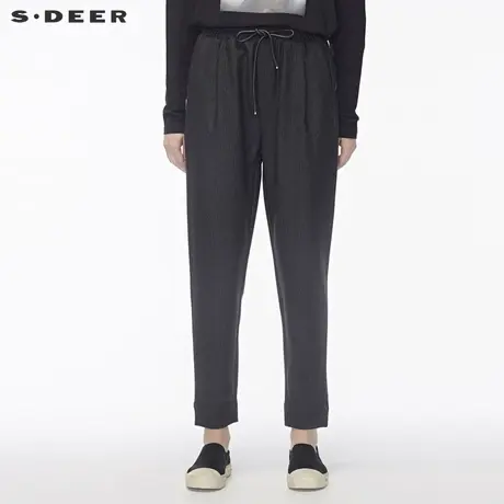 sdeer圣迪奥女秋哈伦裤黑白条纹松紧腰部抽绳设计长裤子S18480896商品大图