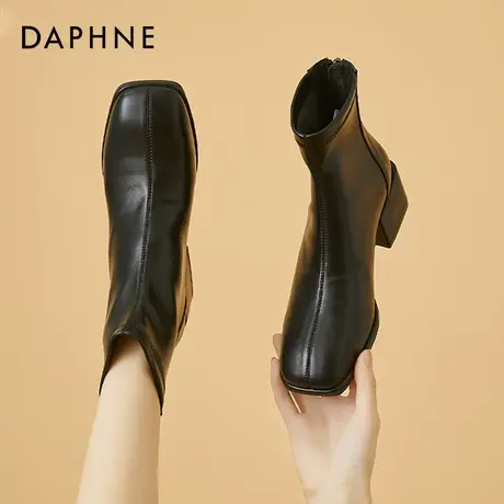 达芙妮瘦瘦靴2021年秋冬新款粗跟法式小短靴女及踝靴方头加绒中跟商品大图