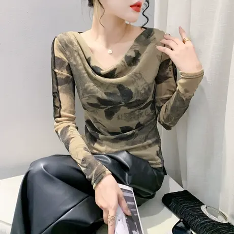 性感网纱镂空荡领2024秋冬新款T恤印花洋气内塔上衣女修身打底衫商品大图