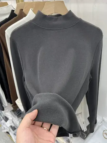 欧货半高圆领加薄绒软糯长袖T恤女2023秋冬修身内搭打底衫上衣厚商品大图