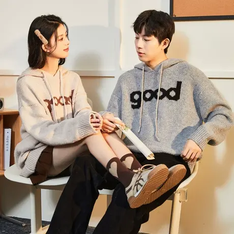 唐狮2023秋冬季新款情侣装毛线衫连帽男女同码宽松外穿毛衣外套潮商品大图