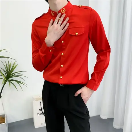 秋季男士长袖衬衫修身刺绣休闲潮流潮牌发型师夜店工作服韩版上衣商品大图