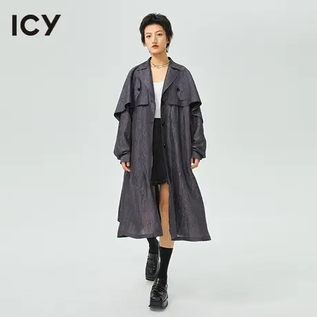 icy女装设计春秋新款通勤纯色翻驳领提花肌理长袖风衣外套图片