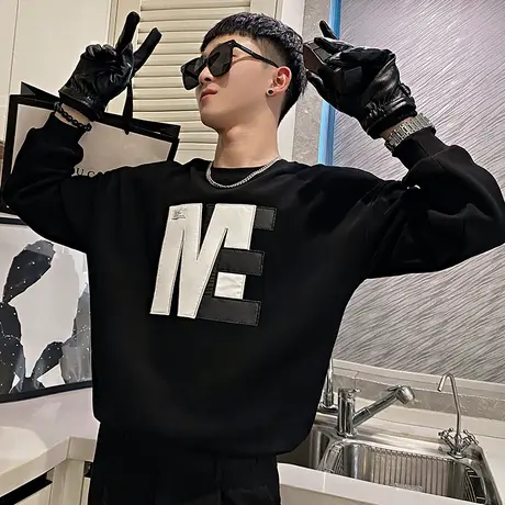 美式撞色字母休闲卫衣男秋季潮牌痞帅男装上衣网红小众长袖t恤衫商品大图