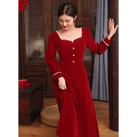 长袖敬酒服新娘2023新款春秋冬季小个子订婚连衣裙回门礼服女方领图片