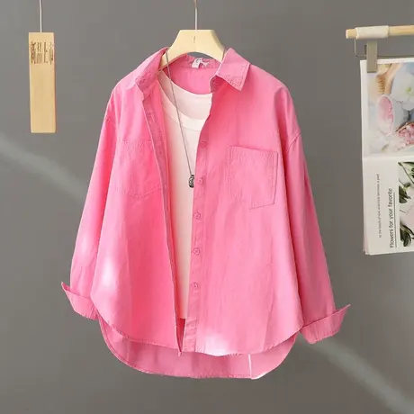 2024年新款法式春季长袖小众设计感衬衣玫红色衬衫女薄款外套开衫商品大图