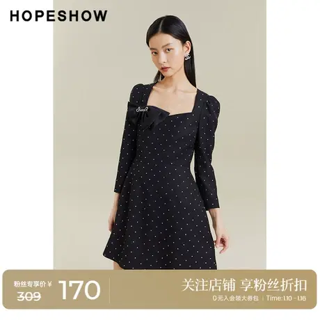 红袖outlets波点方领连衣裙hopeshow2022秋季款烫钻收腰套头裙子商品大图