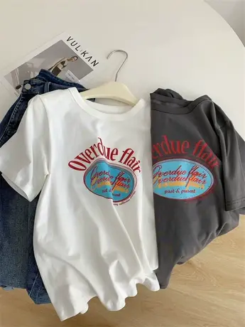 美式复古字母印花显瘦正肩短袖T恤女2024夏季宽松百搭休闲上衣商品大图