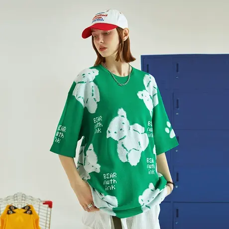 潮牌设计感小熊可爱风绿色毛衣短袖T恤宽松oversize大码中性风夏图片