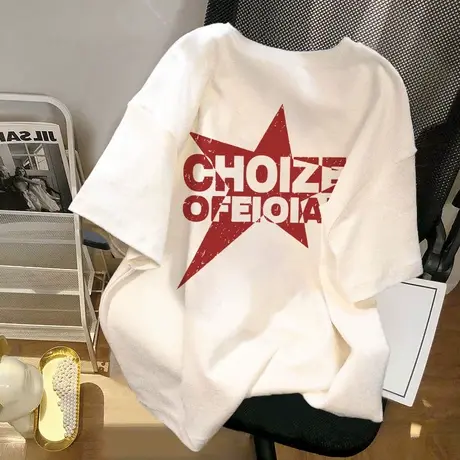 纯棉设计感美式复古短袖t恤女夏季高街小众宽松chic港味半袖上衣图片