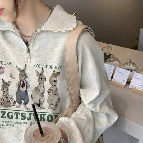 春秋薄款Polo领卫衣女美式复古oversize宽松慵懒港味chic上衣外套商品大图