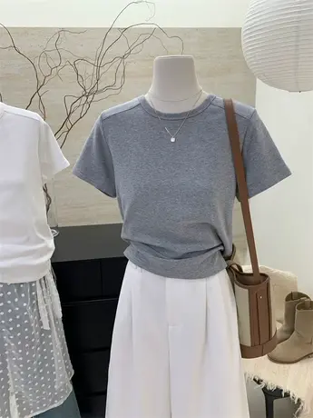 2024春夏新款韩系正肩修身显瘦圆领短袖t恤女百搭纯色打底衫上衣商品大图