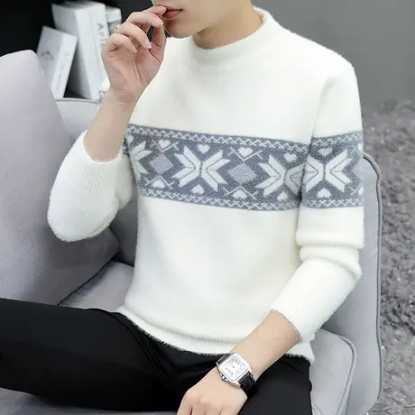 秋冬季毛衣男士半高领仿貂绒撞色针织衫青年个性高中生保暖毛线衣商品大图