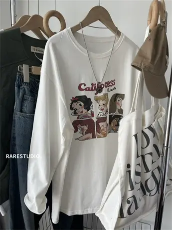 春季新款磨毛棉彩绘公主印花休闲百搭长袖宽松白色T恤女打底衫女图片