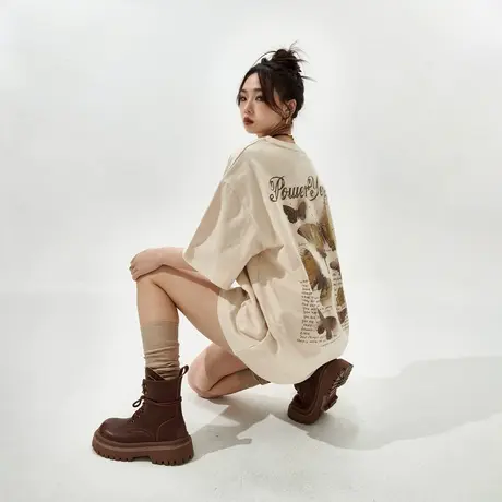 【好物体验专享】复古蝴蝶印花短袖t恤女夏季潮牌情侣装宽松纯棉商品大图
