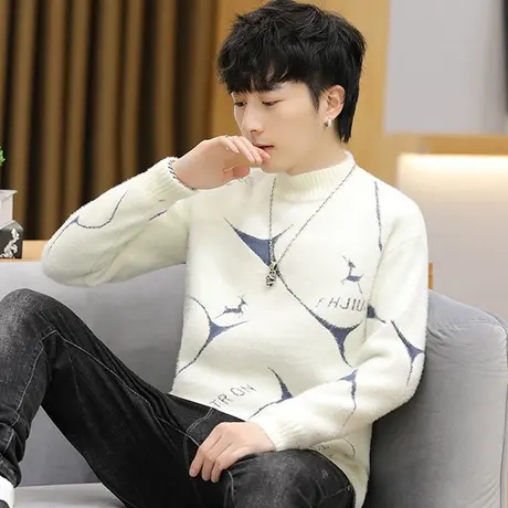 毛衣男貂绒加厚保暖针织衫秋季半高领青少年学生休闲潮流打底线衣商品大图