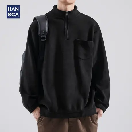 hansca日系复古双面绒半拉链卫衣男士秋冬季加厚2023新款套头上衣商品大图