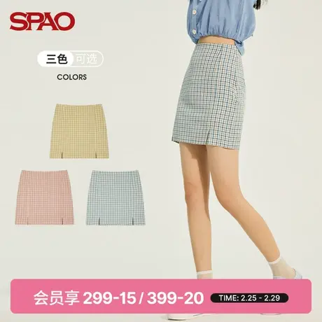 SPAO女士半身裙夏季时尚格子花纹清新减龄显瘦小开叉包臀格纹短裙图片