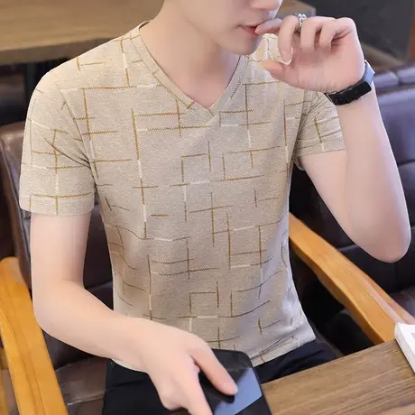 夏季男士短袖T恤韩版修身V领薄款青年体恤男学生潮流帅气半袖上衣商品大图