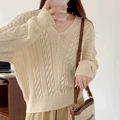 v领软糯慵懒毛衣女2024春季新款洋气时尚宽松针织打底衫外穿上衣商品大图