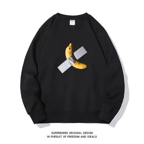 趣味胶带粘香蕉印花卫衣男青少年小众设计感套头圆领宽松休闲上衣图片