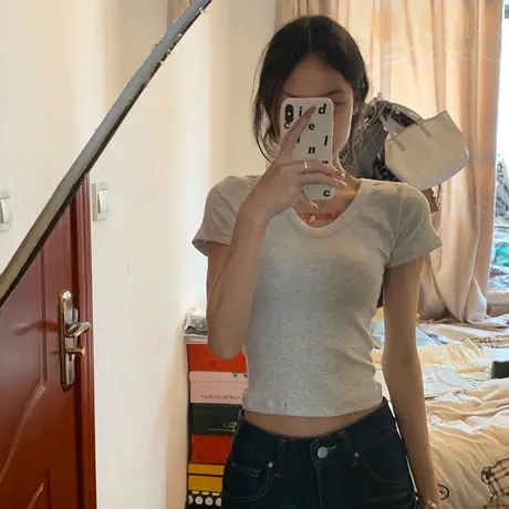 chic复古港味V领正肩短袖T恤女夏装修身显瘦韩版短款小衫半袖上衣商品大图