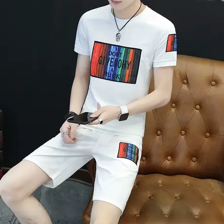 两件套男士夏季短袖T恤韩版休闲套装修身运动短裤一套半袖衣服潮商品大图