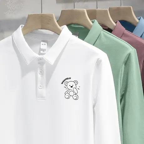 翻领保罗polo衫男士长袖t恤有领商务小熊印花带领打底衫潮流秋衣商品大图