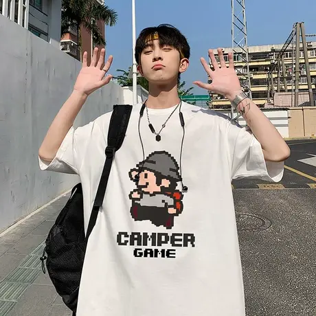 ins纯棉宽松潮流短袖t恤男夏季薄款日系动漫卡通马里奥印花半袖衫商品大图