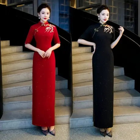 礼仪迎宾旗袍加绒中长款女长袖礼服加厚冬款长款红色外嫁女回娘家图片