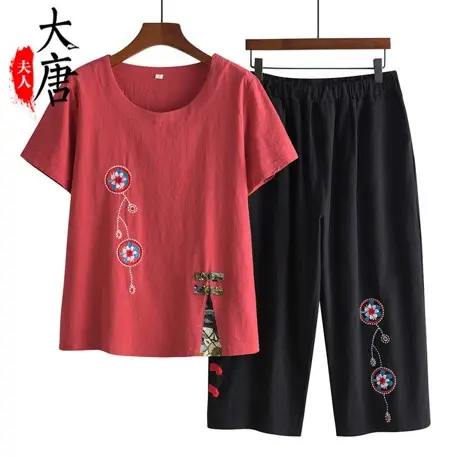 中老年人夏装套装女奶奶短袖绣花妈妈装T恤套头老人七分裤两件套图片