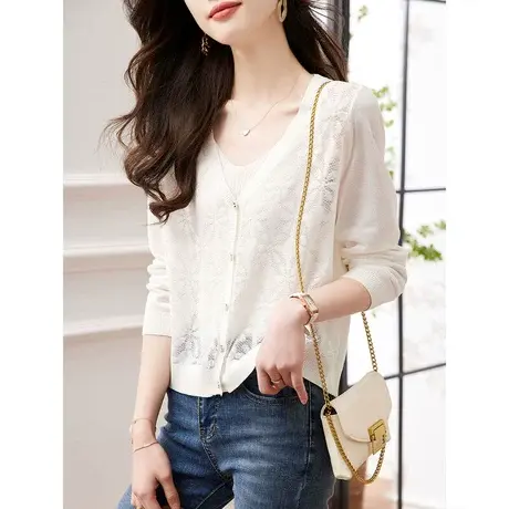 时尚气质针织开衫2023年夏季新款淑女温柔简约修身V领通勤上衣商品大图