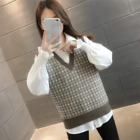春新款女2023复古格子百搭V领无袖针织马甲背心短款马夹毛衣宽松商品大图