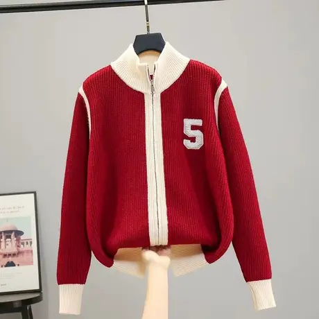 立领毛衣外套女春秋加厚2023年新款韩版宽松短款拉链针织开衫女潮图片