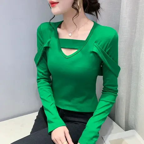 气质V领T恤女装2023春秋新款性感镂空打底衫长袖修身百搭小众上衣商品大图