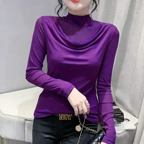 半高领打底衫女春秋2023新款时尚烫钻网纱长袖T恤气质漂亮上衣ins商品大图