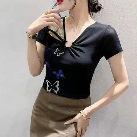 欧货网纱上衣女短袖2023夏装新款性感V领小衫别致修身T恤烫钻半袖商品大图